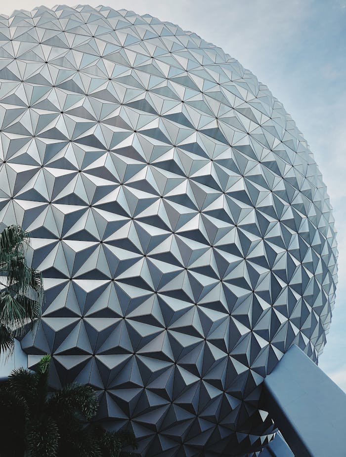 Close-up view of Epcot's geodesic dome, showcasing its futuristic and geometric design.