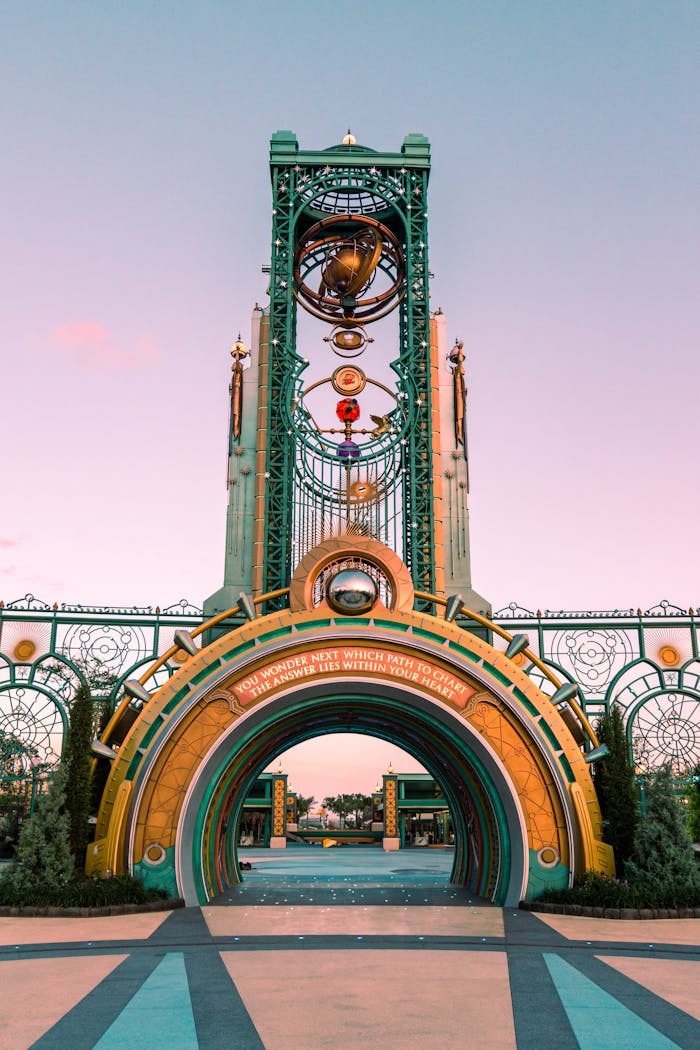 Iconic entrance of Universal Orlando Resort at twilight, capturing its grandeur and architectural beauty.